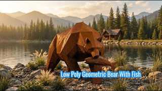 Grande orso grizzly in acciaio corten scultura orso geometrico low poly con statua di pesce giardino all'aperto De
