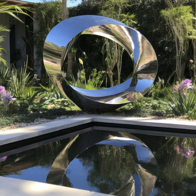 Un buon prezzo. Moderno specchio in acciaio inossidabile anello esterno scultura di paesaggio acquatico per alberghi e ville in linea
