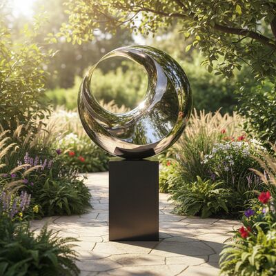Un buon prezzo. La scultura riflettente della Mezzaluna: pezzo d'arte in acciaio lucidato e marmo nero in linea