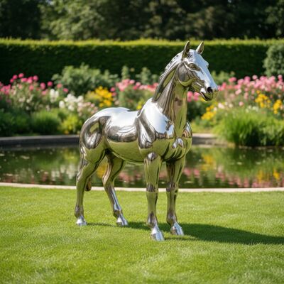 Un buon prezzo. Scultura di cavallo in acciaio inossidabile da esterno a grandezza naturale, metallo lucidato a specchio, arte animale per decorazione di parchi e giardini in linea