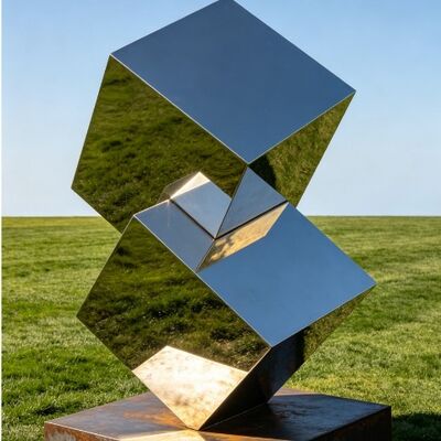 Un buon prezzo. Disegno originale Cubo irregolare Metallo decorativo Specchio in acciaio inossidabile Scultura polacca Statua personalizzata in linea