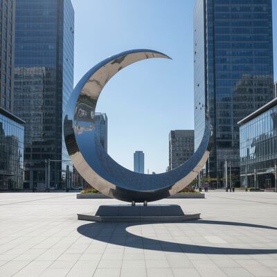 Un buon prezzo. Scultura lunare personalizzata di grandi dimensioni per esterni in acciaio inossidabile, lucidata a specchio, cava a forma di falce, per decorazioni di giardini, piazze e paesaggi in linea