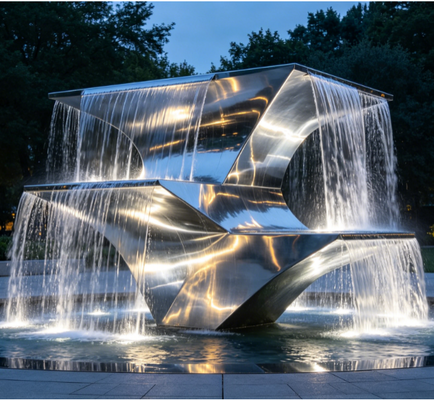 Caratteristica dell'acqua in acciaio inossidabile Scultura di fontana da giardino esterna personalizzata progettata per punti focali del paesaggio e miglioramenti del cortile