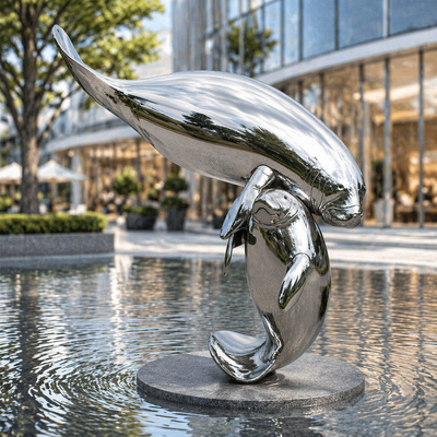 Un buon prezzo. Grandezza naturale Scultura di lamantino in acciaio inossidabile per esterni Specchio lucidato Statua di animali marini per Plaza Park Arte di decorazione sul mare in linea