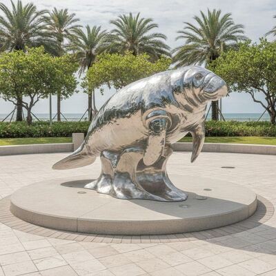 Grandezza naturale Scultura di lamantino in acciaio inossidabile per esterni Specchio lucidato Statua di animali marini per Plaza Park Arte di decorazione sul mare