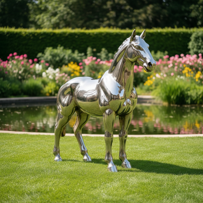 Un buon prezzo. Scultura di cavallo in acciaio inossidabile da esterno a grandezza naturale, metallo lucidato a specchio, arte animale per decorazione di parchi e giardini in linea