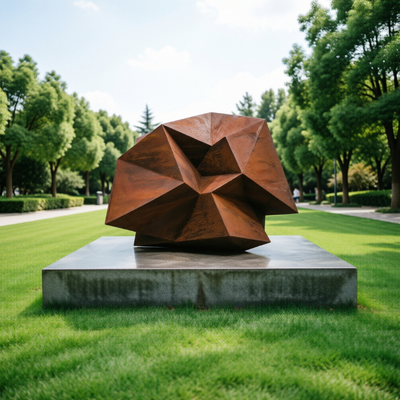 Un buon prezzo. Grande astratto scultura geometrica in acciaio corten Moderno esterno poliedro Statua d'arte Parco giardino Plaza Hotel Paesaggio decorazione in linea