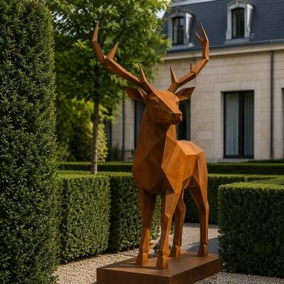 Un buon prezzo. Scultura in metallo di cervo geometrico a grandezza naturale, acciaio corten resistente alle intemperie, statua animale low poly, decorazione da giardino moderna per esterni personalizzabile in linea