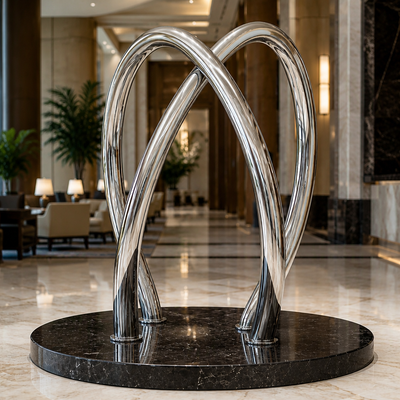 Un buon prezzo. Specchio lucidato in acciaio inossidabile scultura a tubo a doppio arco, decorazione di arte astratta moderna In linea