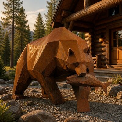 Un buon prezzo. Scultura di Orso Grizzly in Acciaio Corten di Grandi Dimensioni, Orso Geometrico Low Poly con Statua di Pesce, Decorazione da Giardino Esterna, Arte da Prato in Metallo Arrugginito In linea