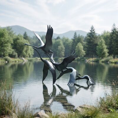Un buon prezzo. Scultura di gru in bronzo all'aperto Uccelli volanti Statue di giardino Caratteristica dell'acqua Decorazione stagno Patina di metallo grande Finitura paesaggistica su misura In linea